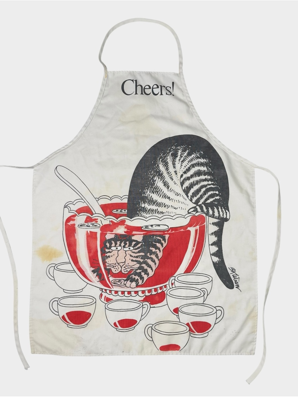Vintage B Kliban Cat Apron Cheers Punch Bowl Cat Graphic White Kitchen